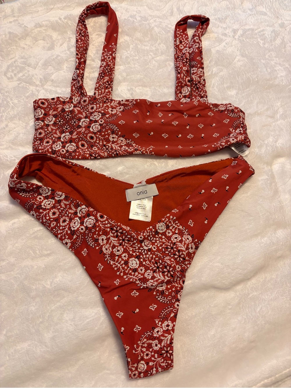 Onia Rust Red Bandana-Print Bikini Set